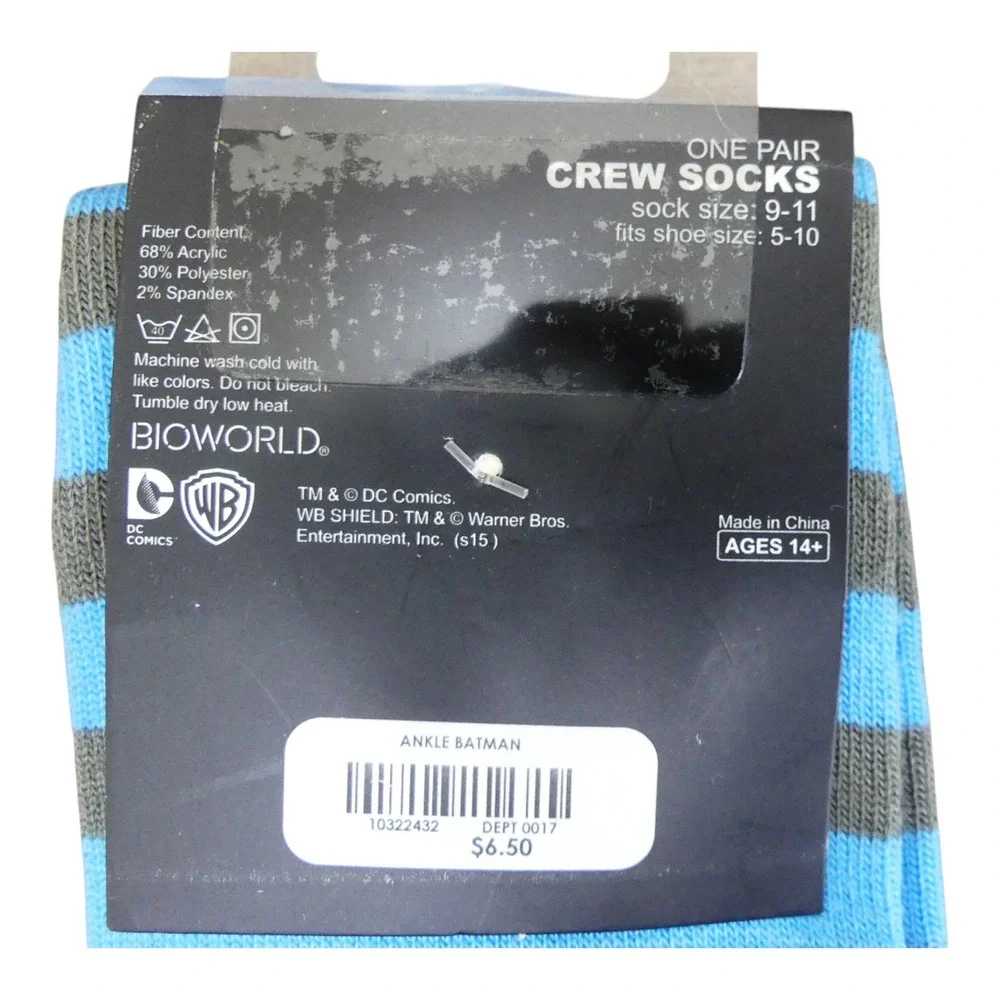 Bioworld Crew Socks Mens 9-11 Blue New Batman DC Comics Striped Justice League